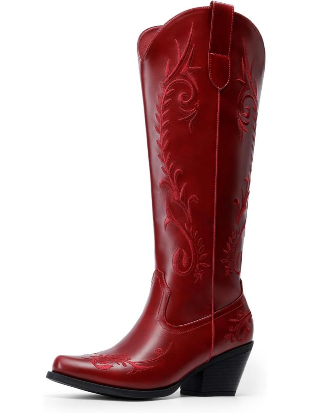 Women's Red Faux Leather Square Toe Knee High Embroidered Western Cowgirl Boots